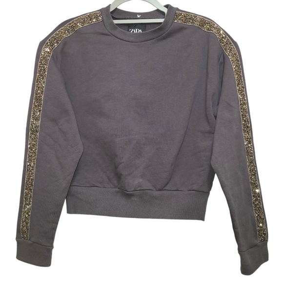 ZARA Crewneck Sweatshirt  Rhinestone stripe running down both sleeves‎ Small - Picture 1 of 8